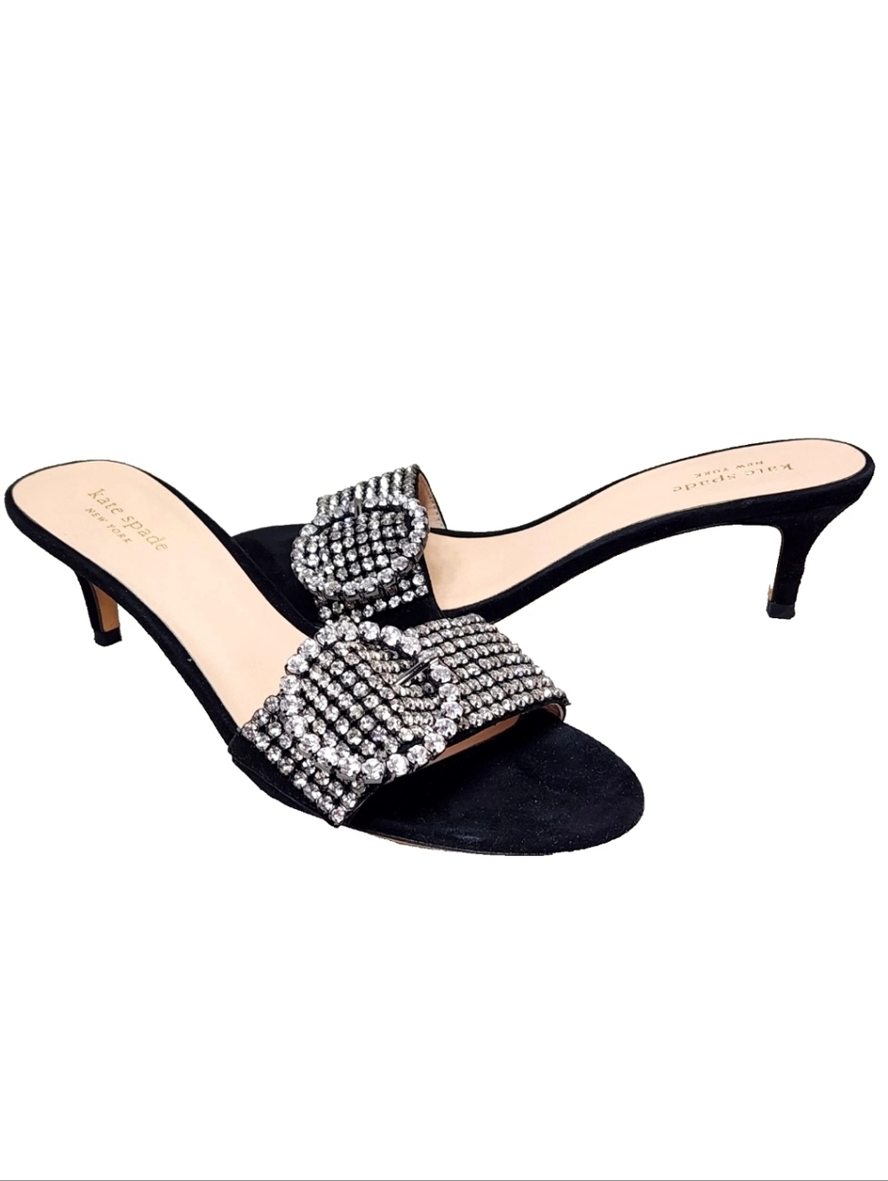 KATE SPADE Seville Black Suede Rhinestone Sandals Sz 8 Dress Big Buckle Strap